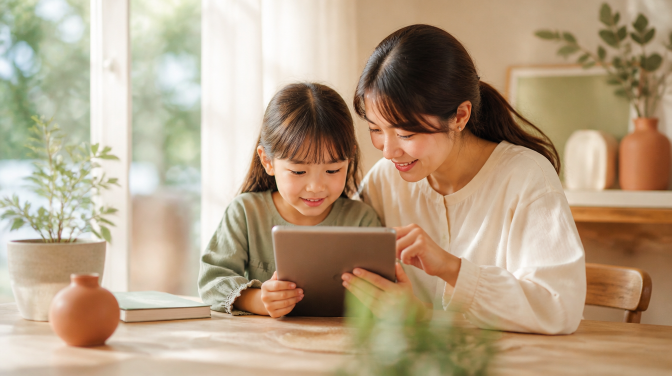 親子でタブレットを見ながら教育費やNISAを考えるイメージ